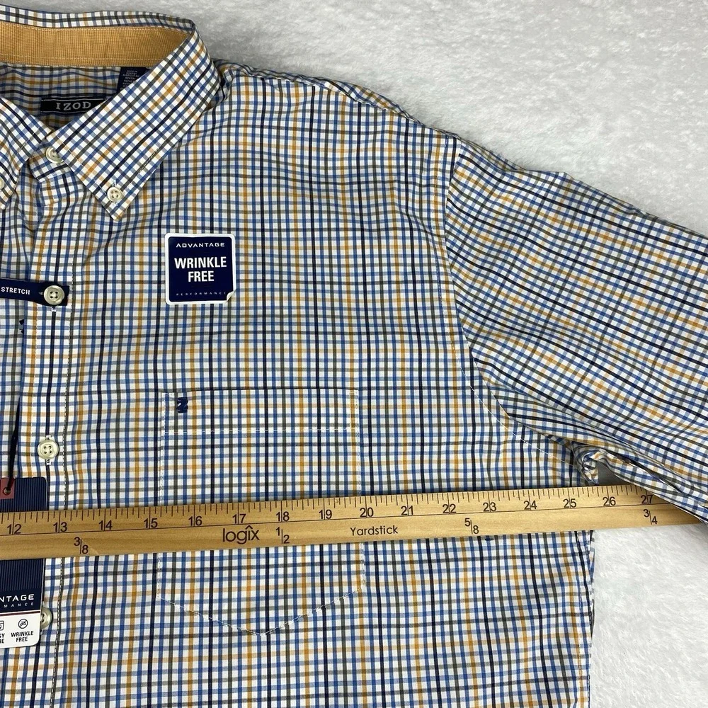 IZOD Advantage Shirt Mens XL Blue/Gold Checks Regular Fit Wrinkle Free NWT!
